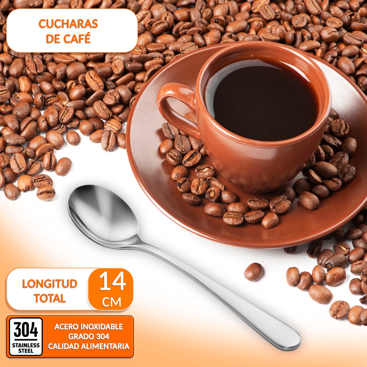 Detalle de la cuchara de café de 14 cm en acero inoxidable